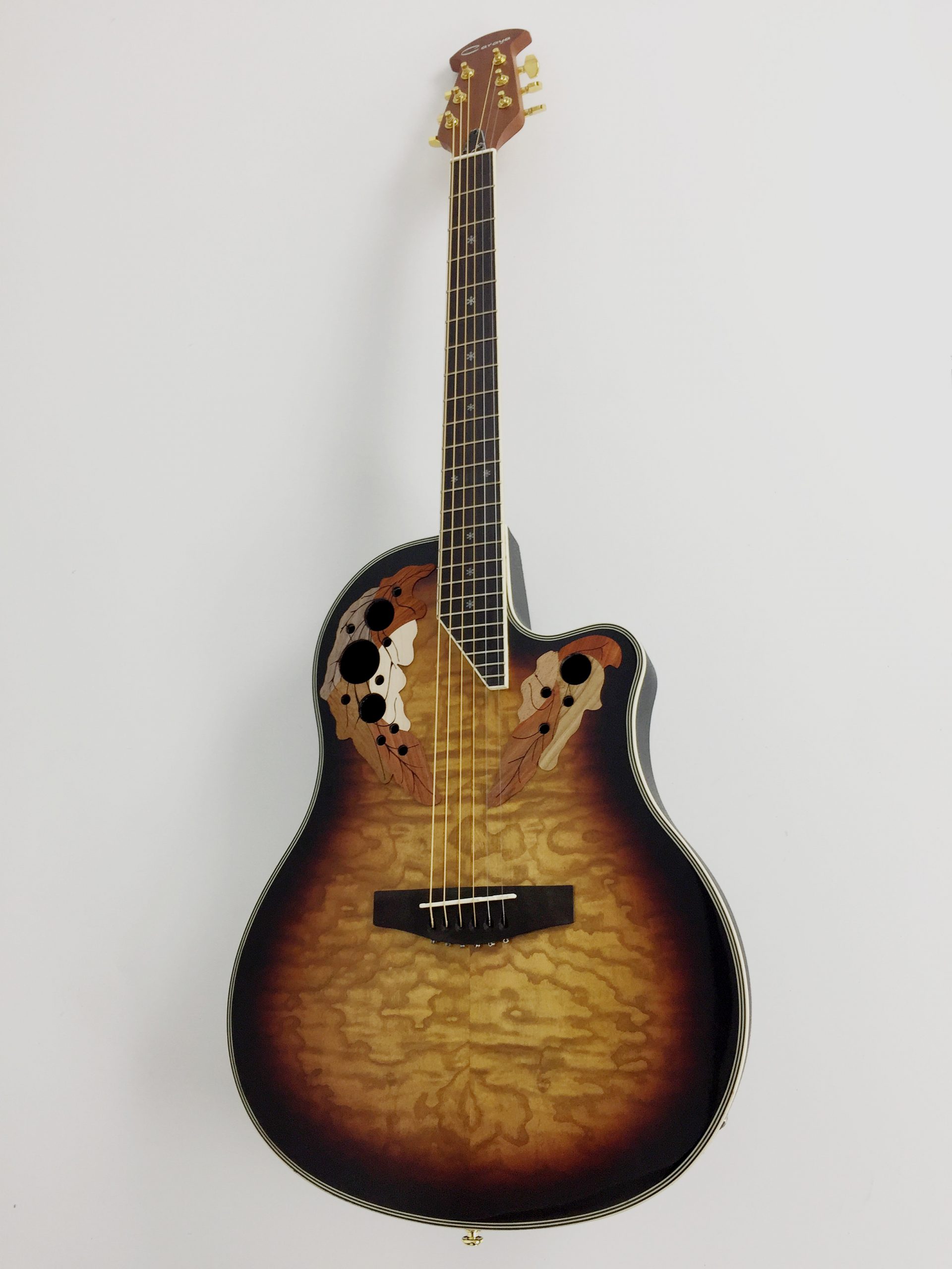 Caraya SP-723CEQ ‘Oakleaf’ Burled Honey Round-Back Guitar w/EQ + Gig Bag +  Strings+ Stap + picks